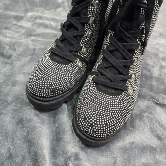 ShoeDazzle Rhinestone Combat Boots Women 8.5 Black Chunky Heel Party Ready - Picture 4 of 11